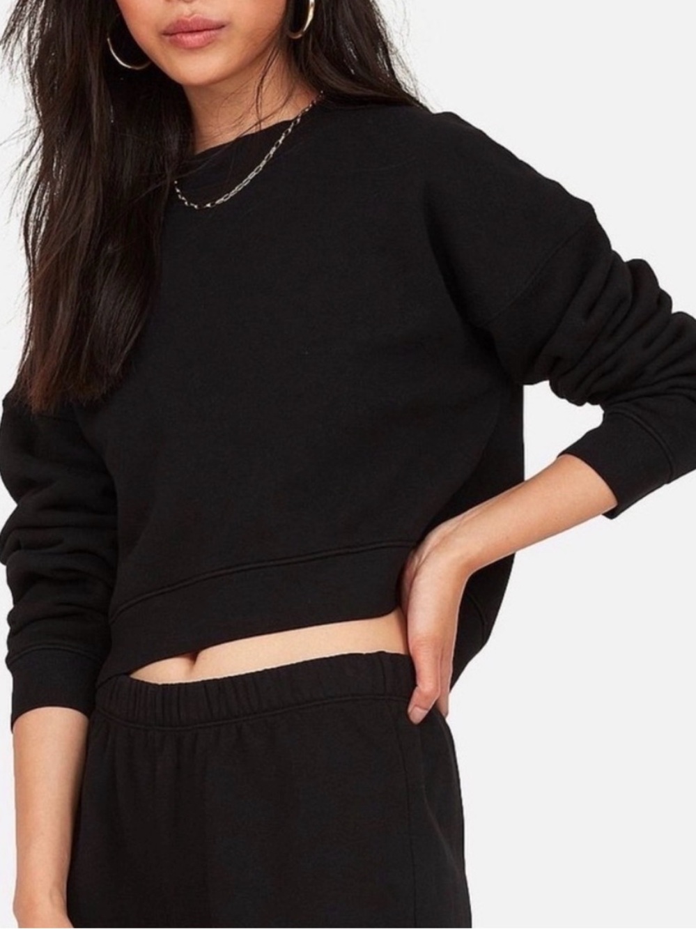 MATE the Label Black Cropped Crewneck Sweatshirt (Double Raw Hem Collar)